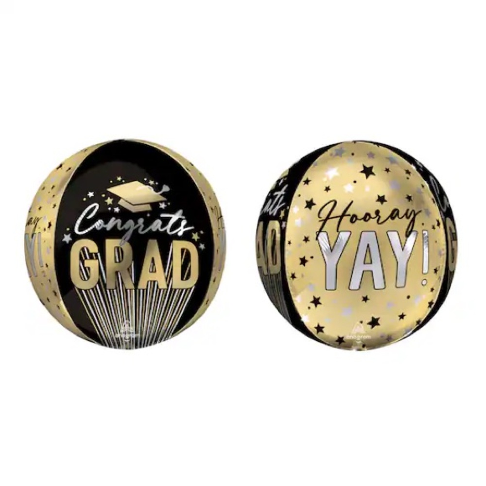 16" Foil Balloon Black Gold Grad Stripes on Stripes Graduation Orbz Anagram